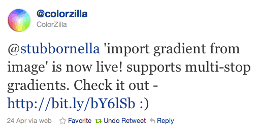 @stubbornella 'import gradient from image' is now live! supports multi-stop gradients. Check it out - http://bit.ly/bY6lSb :)