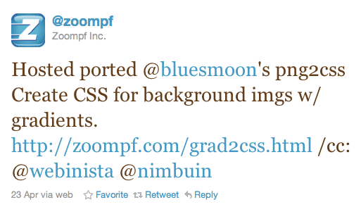 Hosted ported @bluesmoon's png2css Create CSS for background imgs w/ gradients. http://zoompf.com/grad2css.html /cc: @webinista @nimbuin